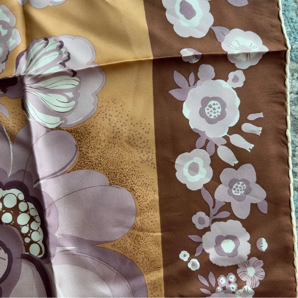 Christian Dior Floral brown mocha Silk satin square Scarf